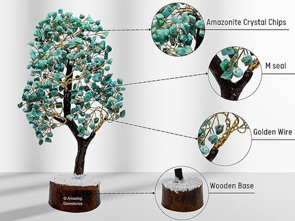 Amazing Gemstone Amazonite Natural Healing Premium Crystal Bonsai Feng Shui Fortune Money Tree of Life for Home Office Decor (Gift Box Ready) (10-12 Inch)