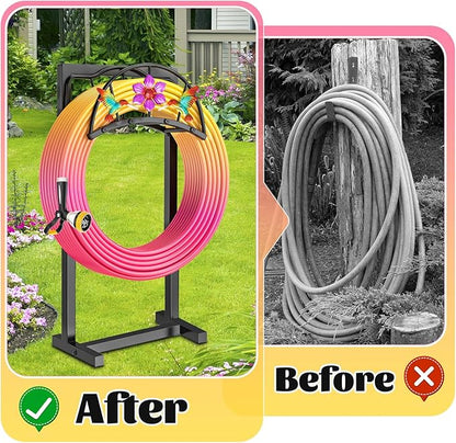 Garden Hose Holder, Heavy Duty Metal Water Hose Holders Stand with 4 Spikes, Freestanding Outdoor Water Pipe Storage Rack Hanger 150ft for Outside Yard Lawn Decor