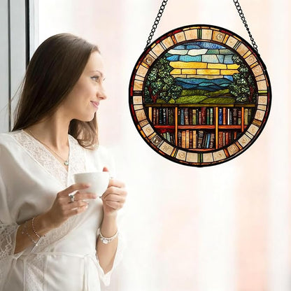 Stained Glass Window Hanging Retro Books Scenery 6.3" - Abstract Suncatcher Door Garden Sun Catcher Home Decor Birthday Christmas for Mom Men Woman Nana Friend Wife
