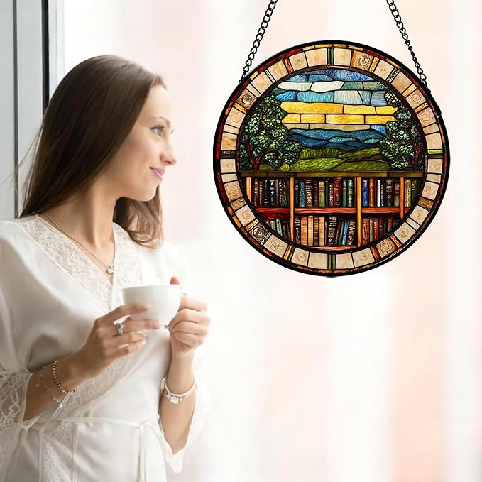 Stained Glass Window Hanging Retro Books Scenery Large 15" - Abstract Suncatcher Door Garden Sun Catcher Home Decor Birthday Christmas for Mom Men Woman Nana Friend Wife