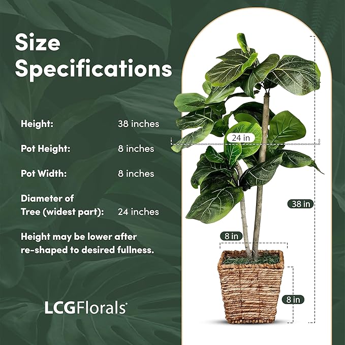 3.2ft Artificial Fiddle Leaf Fig Tree in Woven Basket - Real Wood Trunk, Preassembled, No Maintenance Indoor Faux Plant - Living Room, Home & Office Decor