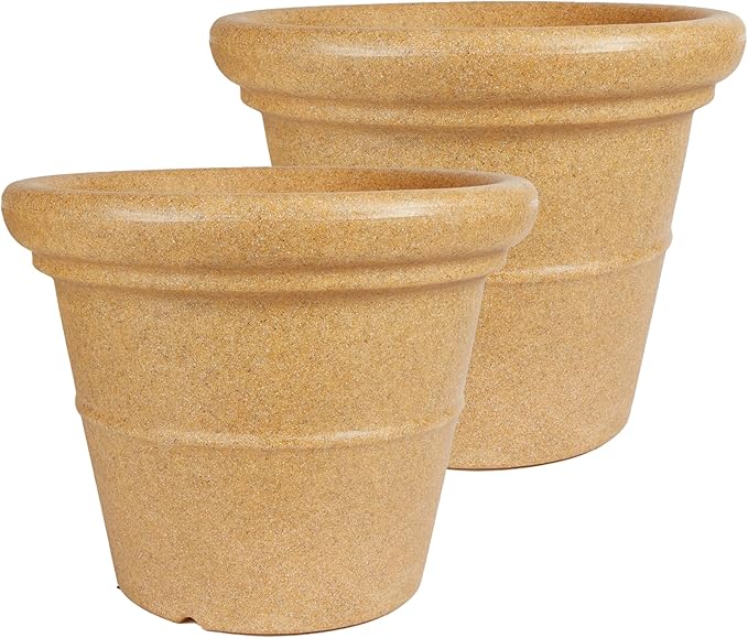 The HC Companies Terrazzo Large Round Plastic Plant Pot w/Rolled Rim - Lightweight & UV Resistant Gardening Pot for Herbs & More - Outdoor & Indoor Plant Pots w/Drainage (20”, Sandstone, Pack of 2)
