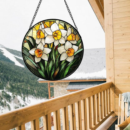 Stained Glass Window Hanging, Yellow and White Daffodils Sun Catcher for Door Home Decor Plants Flowers Suncatcher Christmas Mother's Day Birthday Gifts for Women Men Mom Nana 6.3 in