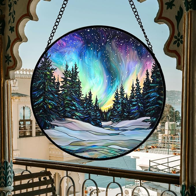 Stained Glass Window Hanging, Aurora Landscape Sun Catchers Glass Panel Green Trees Suncatcher Decor for Birthday for Women, Men, Wife, Aunt, and Mom 9.8 in
