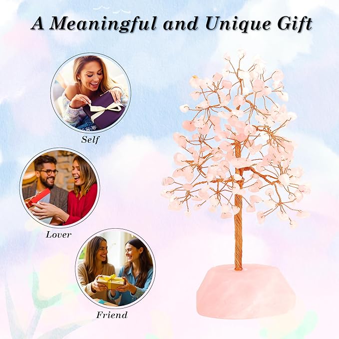 SITUMEIZI Rose Quartz Crystal Tree 7.09IN Healing Stones Natural Crystals Base Copper Wire Tree Life Reiki Pink Gifts for Women Room Office Desk Decor Spiritual Meditation Energy