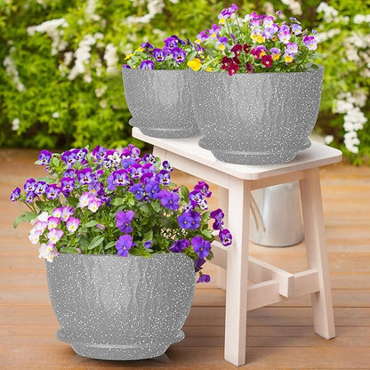 12/10/9 Inch Planter Pots, 3-Pack Large Flower Pots for Indoor Outdoor Garden Plants, Big Plant Pots with Multi Mesh Drainage Holes and Saucer (Speckled Grey, 12"+10"+9")