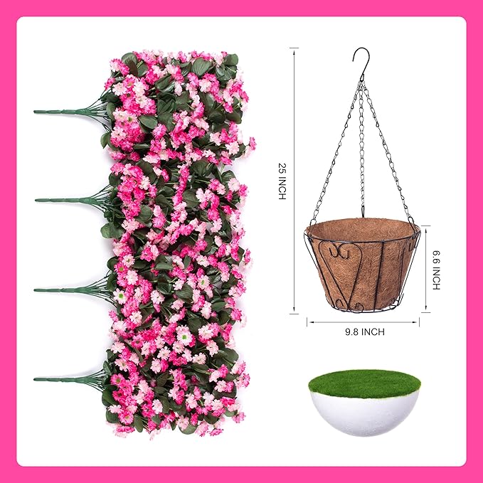 Artificial Flowers in Hanging Basket for Outdoors Indoors Decor, Artificial Mums Bush Flowers Plants with Baskets for Home Porch Garden Yard Patio Spring Summer Decoration(Twin Pink)