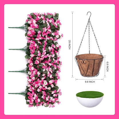 Artificial Flowers in Hanging Basket for Outdoors Indoors Decor, Artificial Mums Bush Flowers Plants with Baskets for Home Porch Garden Yard Patio Spring Summer Decoration(Twin Pink)