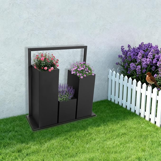Modern Geometric Metal Planter Box for Indoor Outdoor, 31.5x11.8x31.5 Inches Black Steel Garden Raised Bed with Drainage & Stable Base,Heavy Duty Plant Pot for Patio, Lawn, Yard