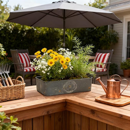 Vintage Metal Planter with Wooden Handle, Rustic Flower Pot with 6 Compartment Farmhouse Plants Holder Succulents Tubs for Garden Patio Yard Outdoor Decor (Blue - 6 Compartment)