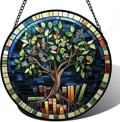 Stained Glass Window Hanging Green Life Tree Berry Book Large 11.8" - Blue Suncatcher Door Garden Sun Catcher Home Decor Birthday Christmas for Mom Men Woman Nana Friend