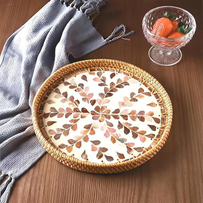 i-lan 3-Piece Round Rattan Serving Trays with Mother of Pearl Inlay – Handwoven Decorative Platters for Coffee Table, Vanity, Kitchen & Home Décor, Set