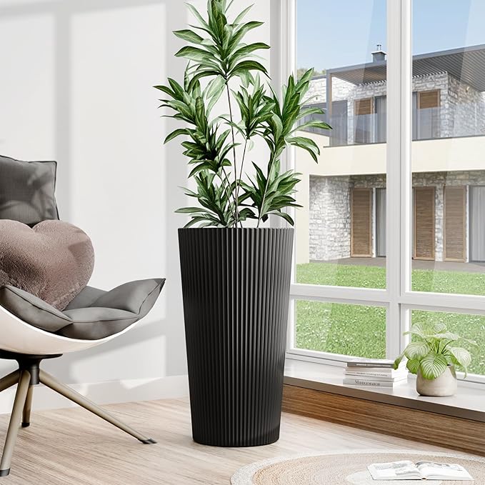 Tall Outdoor Planter Front Porch Decor Set of 2-23.6" H Tall Planters for Outdoor Plants with Drainage Hole, Round Conical Design Flower Pots for Indoor/Patio/Garden, Black