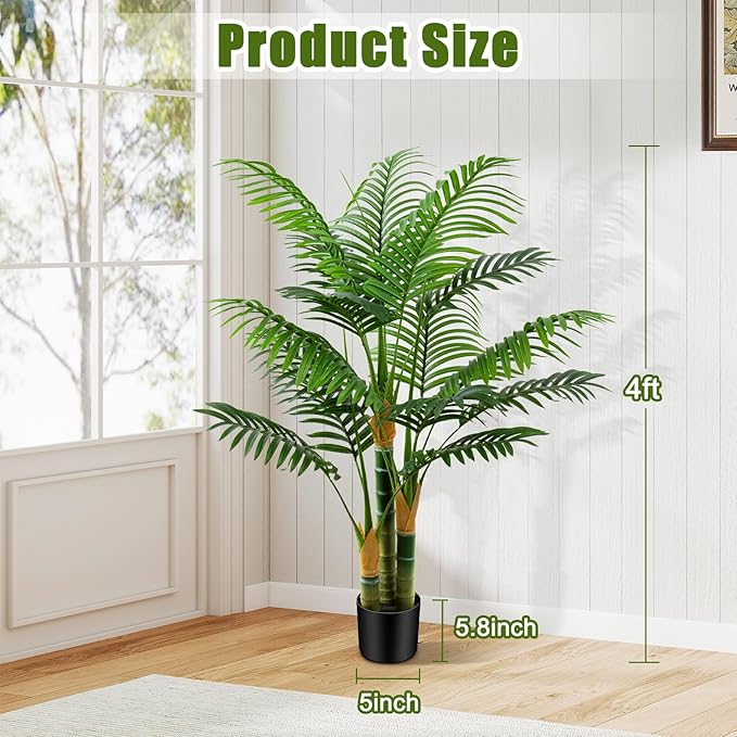 4ft Tall Golden Cane Artificial Tree Palm Outdoor, Large Artificial Plants Outdoor Faux Palm Tree with 3 Textured Trunks, Fake Tree for Indoor Outdoor Office Living Room Outside Patio