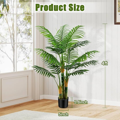 4ft Tall Golden Cane Artificial Tree Palm Outdoor, Large Artificial Plants Outdoor Faux Palm Tree with 3 Textured Trunks, Fake Tree for Indoor Outdoor Office Living Room Outside Patio