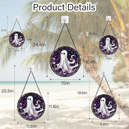 Stained Glass Window Hanging - Halloween Decorations White Ghost Purple Stars Suncatcher for Doors Garden Spooky Funny Sun Catchers Gothic Decor Horror Gifts for Women Men Friend 15 in