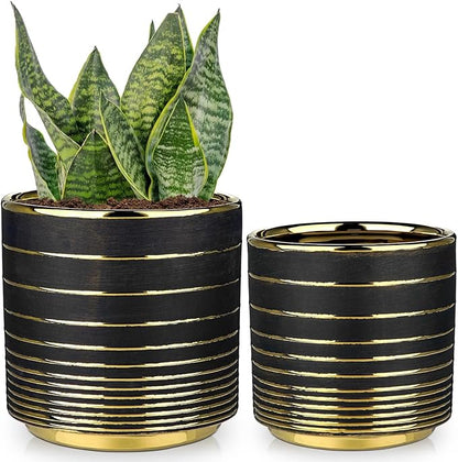 Black Ceramic Plant Pots, 5.5 + 6.2 Inch Gold Striped Panters for Plants, Modern Flower Pots for Home and Office, Indoor Planters with Drainage for Succulent Cactus Home Decoration Gift Indoor Outdoor