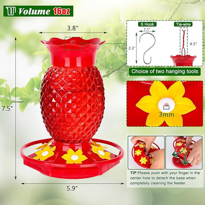 Glass Hummingbird Feeders for Outdoors Hanging Ant and Bee Proof 16OZ 2 Pack Red Pineapple Humming Bird Feeder with 6 Feeding Ports and Ant Moat Hummingbird Gifts for Women Garden Decor