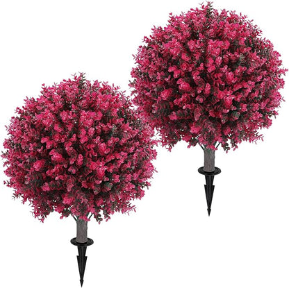 Artificial Red Eucalyptus Topiary Ball Tree 24" with Ground Spike, Set of 2 Artificial Boxwood Bushes for Faux Shrubs, Fake Evergreen Faux Plant for Indoor Outdoor Garden -UV Resistant–Fade-Proof