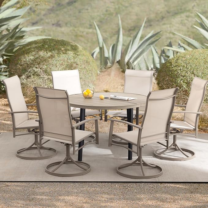 7 Piece Outdoor Dining Set, 47" Honey Oak Round Outdoor Dining Table with 6 Ivory Beige Swivel Patio Table and Chair Set of 6 for Lawn, Garden, or Porch