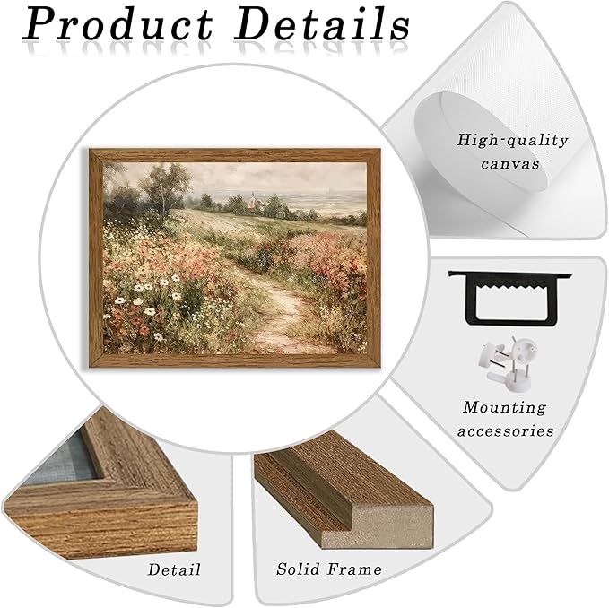 Wojuin Framed Vintage Cottagecore Canvas Wall Art, Landscape Nature Country Wildflower Wall Decor, Farmhouse Modern Rustic Fall Flower Artwork Prints for Living Room Bedroom Bathroom Office 12x16 in