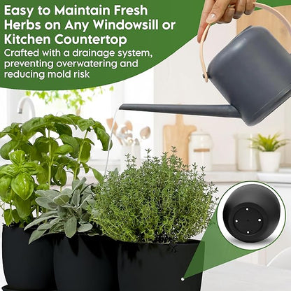 Indoor Garden Kit - Plant Pots with Drainage, Watering Can & Tools - Ideal Windowsill Planter Set - Modern Home & Kitchen Decor Gift - White