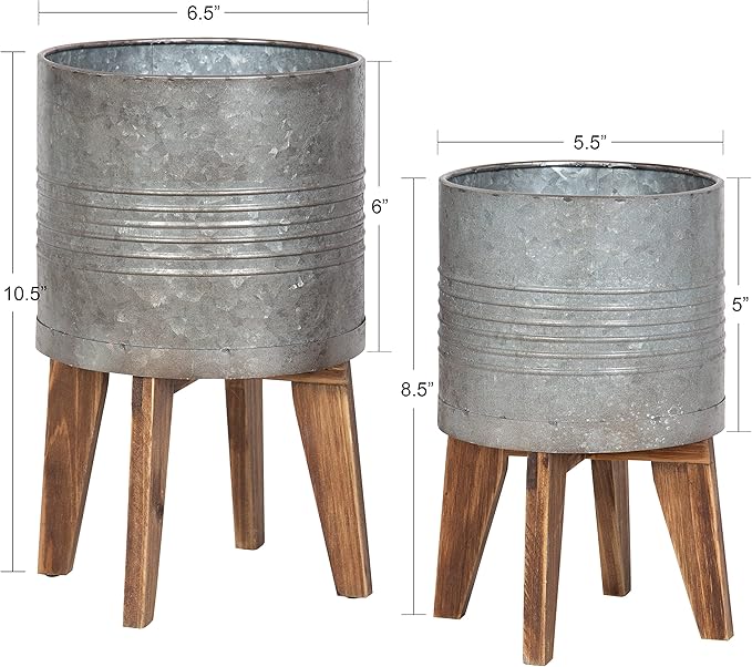 Kate and Laurel Gavri Farmhouse Galvanized Metal and Wood Tabletop Planter Set, 2 Piece, Decorative Metal Planter Centerpiece for Table