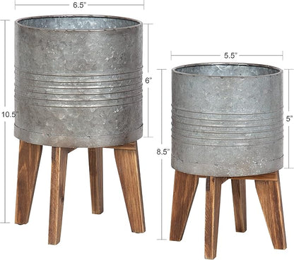 Kate and Laurel Gavri Farmhouse Galvanized Metal and Wood Tabletop Planter Set, 2 Piece, Decorative Metal Planter Centerpiece for Table