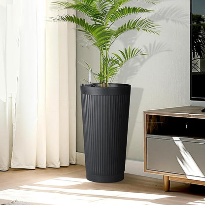 24in Tall Self-Watering Planters Set of 2 - Black Flower Pots with Water Level Monitor, Non-Toxic Plastic Planters for Indoor Outdoor Patio, Porch, Living Room, Home Office