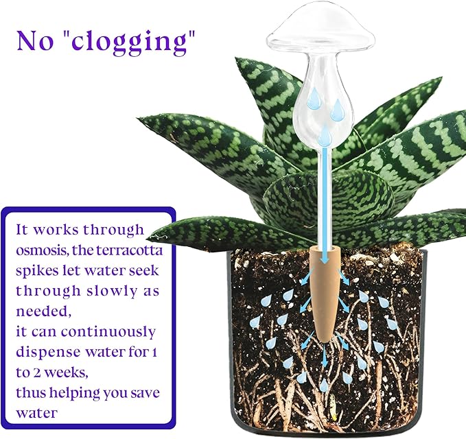 3 Pack Non-Clogging Mushroom Plant Watering Globes with Terracotta Spikes, Hand Blown Glass Self Watering Planter Insert Plant Watering Devices Bulbs for Indoor and Outdoor Plants