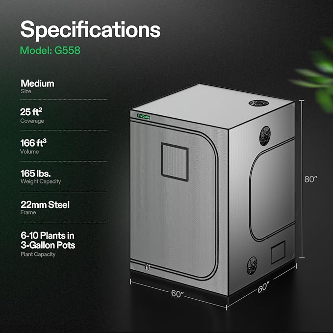 VIVOSUN G558 60"x60"x80" Grow Tent, 5x5 Plant Greenhouse Tent 2000D Mylar Hydroponic Tent with 22mm Thickened Poles, Observation Window and Floor Tray for Plants for VSF6450