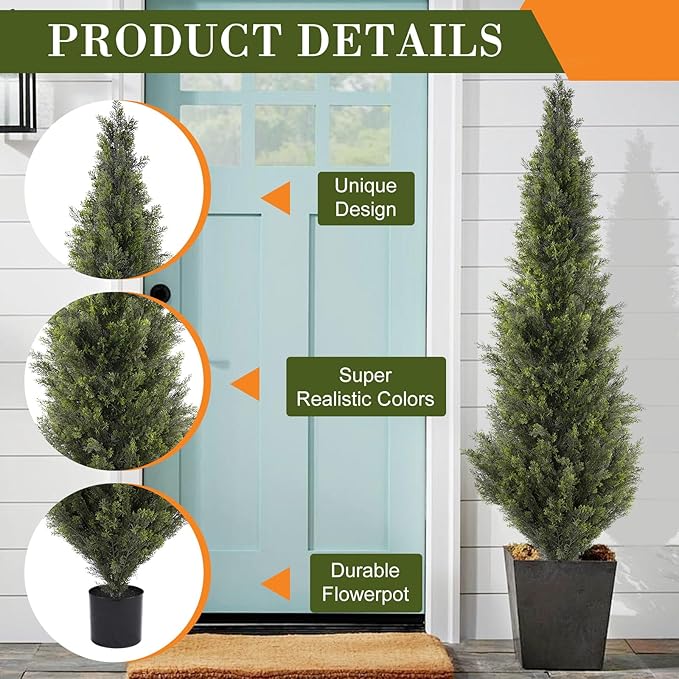 6FT Artificial Cedar Topiary Trees, Set of 2 Realistic Outdoor Indoor Fake Potted Plants with Planter, UV Resistant for Porch, Garden, Balcony, Patio & Office Decor