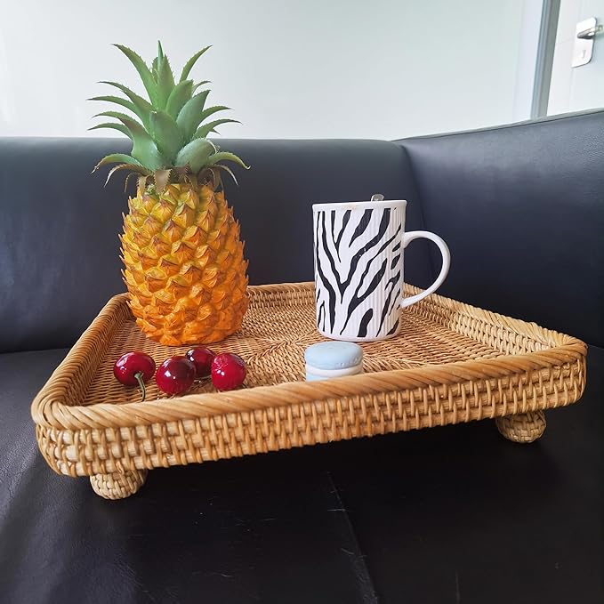 i-lan 12.5" Square Rattan Serving Basket - Square Woven Bread, Fruit, Keys Bowl Pedestal Stand with 1”Side,Flat Wicker Decorative Snack Basket Trays for Candy Dish,Rustic Platter,Display Riser