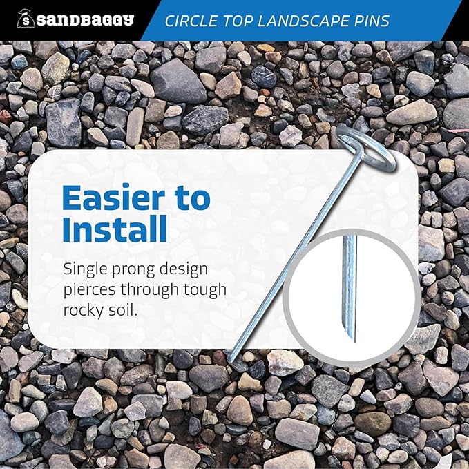 Sandbaggy 6-inch Circle Top Pins - Landscape Staples (Galvanized) - Garden Stakes for Landscaping, SOD - Heavy Duty Ground Stakes, Lawn Turf Spikes, Christmas Decorations, Weed Mats (25 Pins)