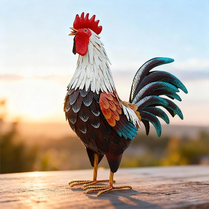 chisheen Metal Rooster Decor,Yard Chicken Decorations,Outdoor Garden Statues, Metal Chicken Sculpture for Backyard Patio Kitchen Decor & Lawn Ornaments