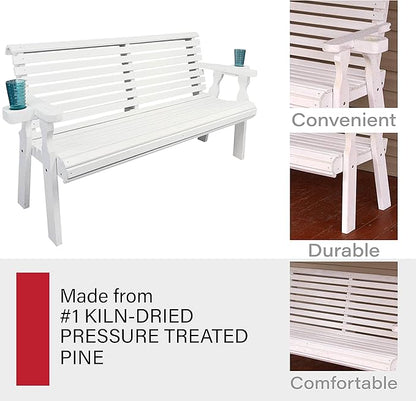 Amish Casual Heavy Duty Pressure Treated 4 Foot Outdoor Garden Bench with Cup Holders - Amish Crafted Roll Back Design in White Stain, 700 Lb Weight Capacity