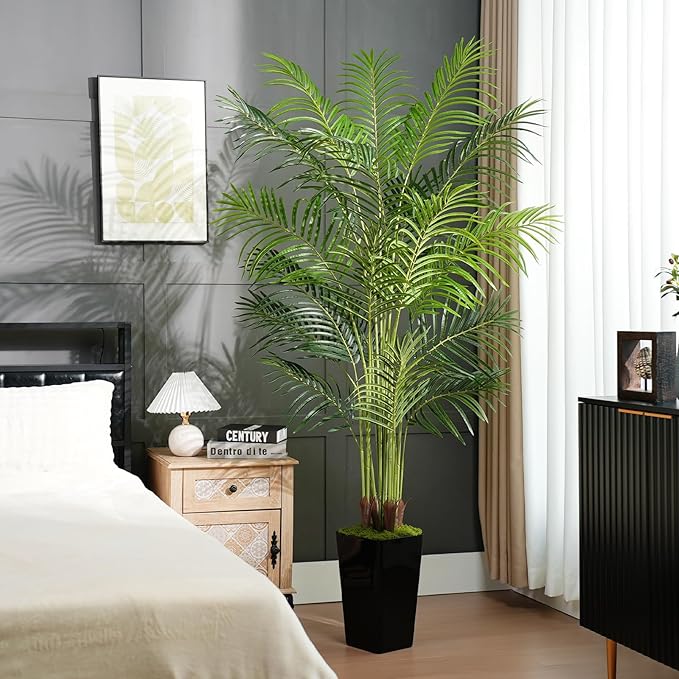 7ft Artificial Palm Tree with Black Planter-Tall Artificial Indoor Plants, Fake Tropical Palm Tree, Faux Silk Plants for Home Office Living Room Bedroom Modern Decor