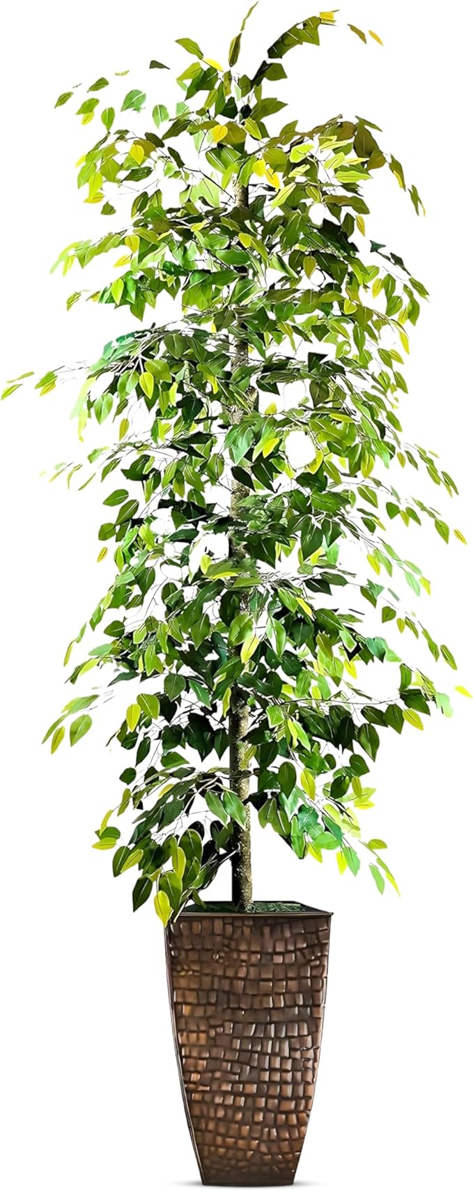 8ft Artificial Ficus Tree in Copper Metal Pot - Real Wood Trunk, Preassembled, No Maintenance Indoor Faux Plant - Living Room, Home & Office Decor