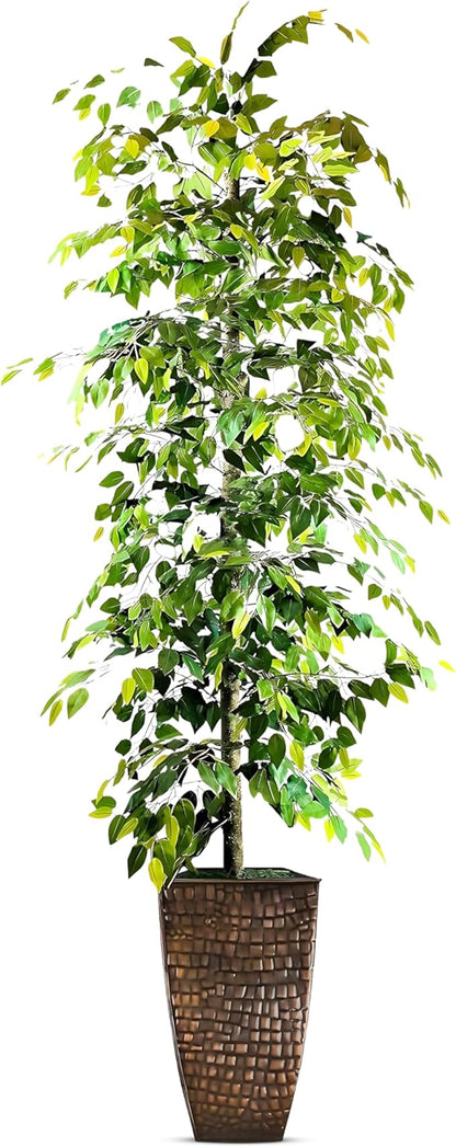 8ft Artificial Ficus Tree in Copper Metal Pot - Real Wood Trunk, Preassembled, No Maintenance Indoor Faux Plant - Living Room, Home & Office Decor
