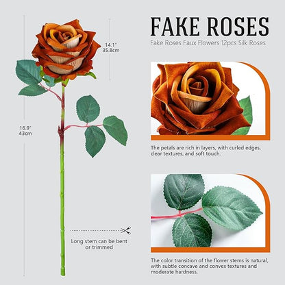 Fake Roses Faux Flowers Silk Roses Artificial Roses with Stems Realistic Artificial Flowers 16.5In Suitable for Indoor Home Decoration DIY Bouquet Wedding Decor Party Decor 24PCS (Orange)