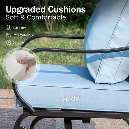 PHI VILLA 6 Piece Patio Furniture Sets with 1 x 3-Seat Deep Seating Bench, 2 x Cushioned Swivel Sofa Chairs, 1 x Coffee Table & 2 Ottoman, Outdoor Metal Conversation Set for Lawn Garden, Light Blue