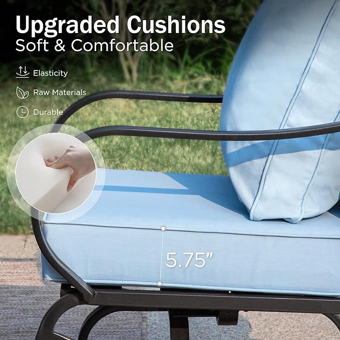 PHI VILLA 6 PCS Patio Furniture Sets with 1 x 3-Seat Bench, 2 x Swivel Cushioned Sofa Chairs, 2 x Leg Sofa & 1 x Coffee Table, Outdoor Conversation Set for 7 Person, Light Blue