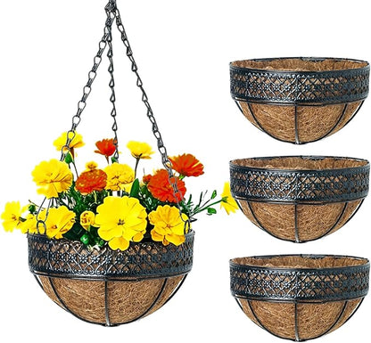 3-Pack Hanging & Wall-Mounted Plant Baskets with Natural Coconut Fiber Liner, Decorative Planters for Home Garden Patio Yard (3Pack EXPHanger, 10Inch)