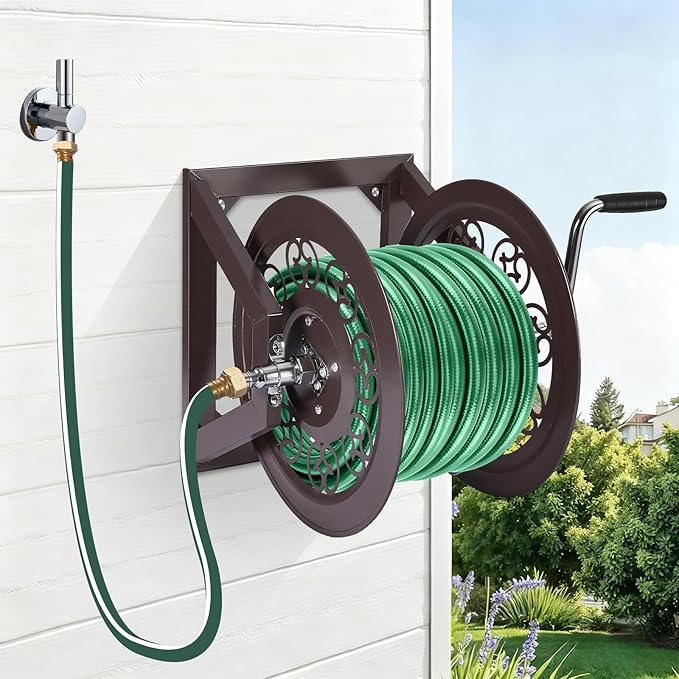 Garden Hose Reel Decorative Cast Wall/Floor/Wood Studs Mount Hose Reel, Garden Heavy-Duty Water Hose Holder Winder Holds 108-Feet of 3/4-Inch Hose - Bronze