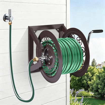Garden Hose Reel Decorative Cast Wall/Floor/Wood Studs Mount Hose Reel, Garden Heavy-Duty Water Hose Holder Winder Holds 108-Feet of 3/4-Inch Hose - Bronze