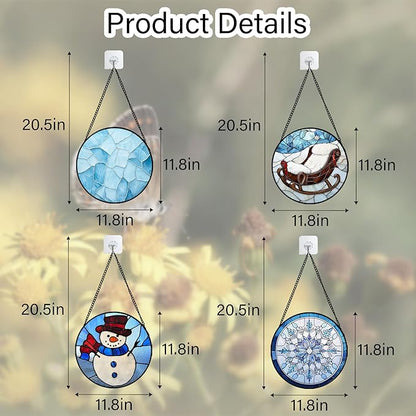 Stained Glass Window Hanging 4 Pcs Set Blue White Christmas Snowman Snowflake Large 11.8" - Suncatcher Door Garden Sun Catcher Decor Birthday Mother's Day Xmas Gifts for Mom Woman Nana Men