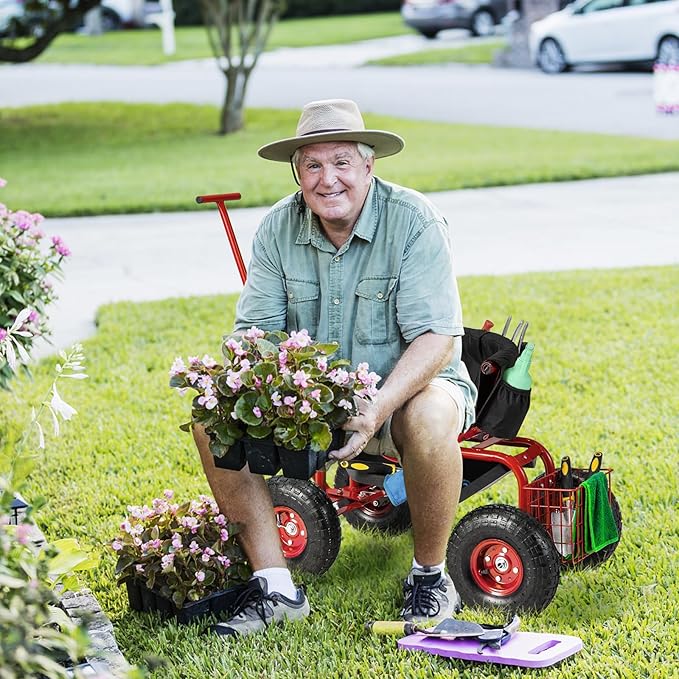 Goplus Rolling Garden Seat with Wheels, Outdoor Garden Cart with 360° Swivel Seat & Tool Storage, 2 Steering Handles, Gardening Stool Wagon Scooter, Lawn, Patio Gardening Workseat for Seniors
