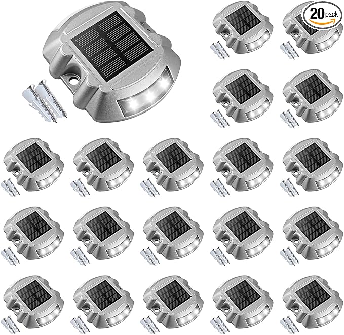 VOLISUN Solar Deck Lights, 20-Pack Led IP67 Waterproof Outdoor Warning Step Lights for Driveway, Sidewalk, Garden Pathway, Yard (White)