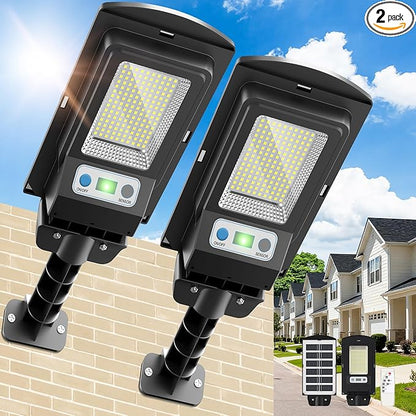Solar Lights Outdoor, IP66 Waterproof Motion Sensor Powered Solar Street Light, 6500K Dusk to Dawn LED Flood Light with Remote Control, Commercial Area Lighting for Yard Parking Lot (2 Pack)