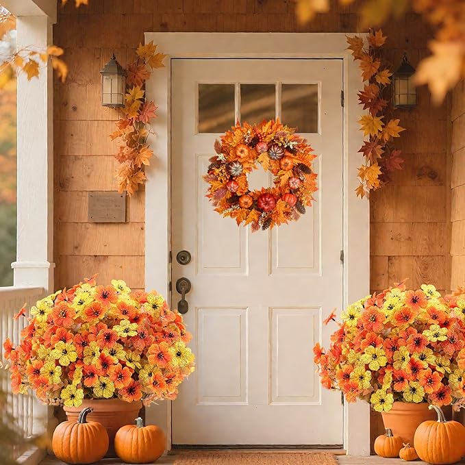 20 Bundles Artificial Fake Mums Flowers for Outdoor Faux Silk Orange Yellow Daisy Realistic UV Resistant No Fade Fake Plants Flowers for Planter Porch Patio Indoor Thanksgiving Decor